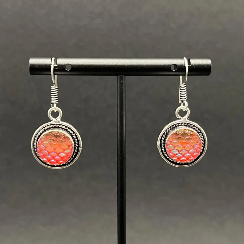 Mermaid‎ Earrings Silver Tone Pink Orange Iridescent Scales Festival